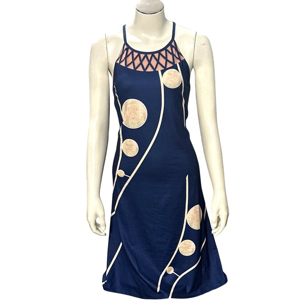CCC Navy Blue Sleeveless Geometric Print Dress Mesh Detail Circle Pattern Large